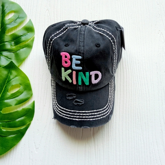 Be Kind Ball Cap NWT Vintage Black Distressed with White Stitching One Size - Picture 1 of 7